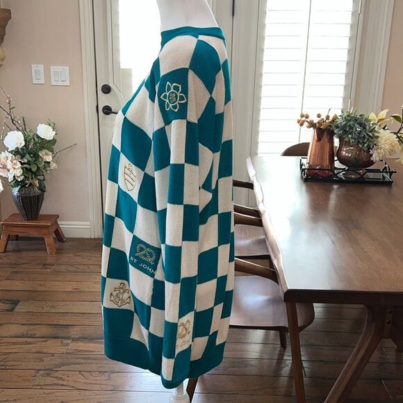 Vintage St John Gold Embroidered Nautical Knit Sweater Check Board Green L USA - Picture 3 of 13